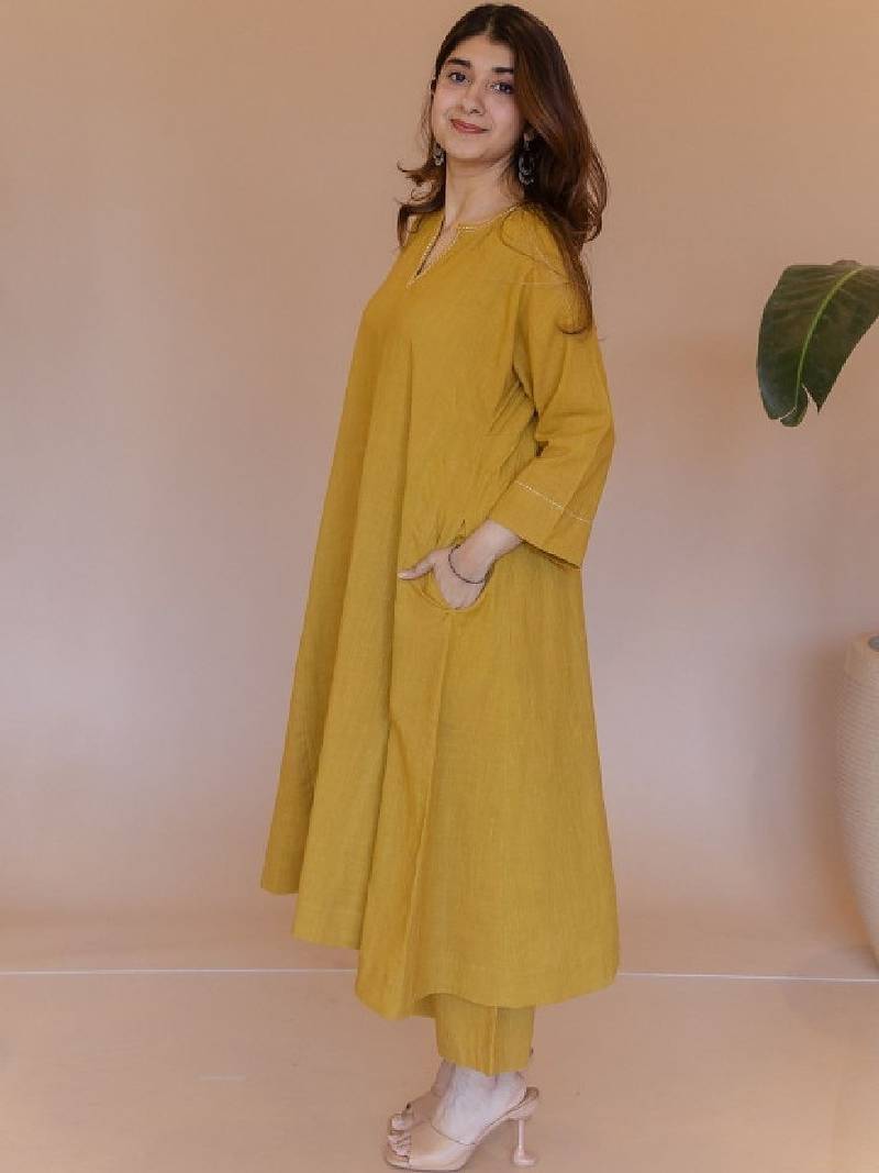 Zari embroidered cotton a-line calf length kurta