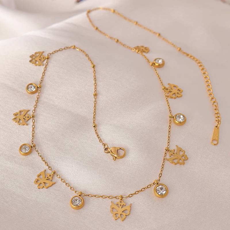 Butterfly charm necklace for women | anti-tarnish gold plated stainless steel multi-charm chain