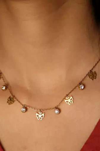 Butterfly charm necklace for women | anti-tarnish gold plated stainless steel multi-charm chain