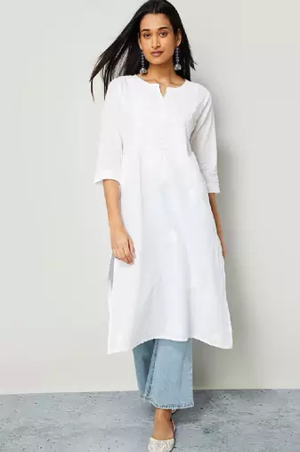 Women embroidered regular sleeves thread work kurta