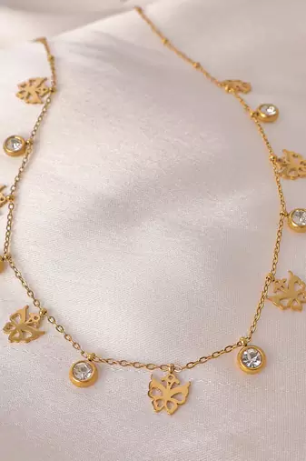 Butterfly charm necklace for women | anti-tarnish gold plated stainless steel multi-charm chain