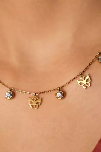 Butterfly charm necklace for women | anti-tarnish gold plated stainless steel multi-charm chain