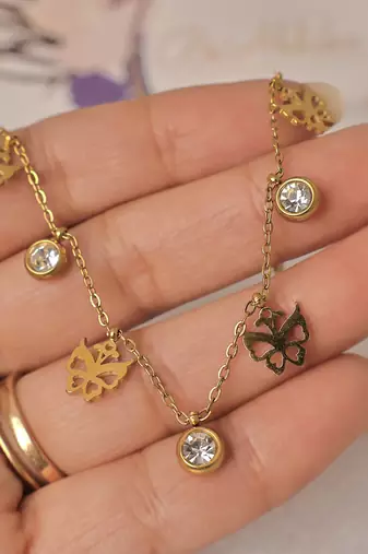 Butterfly charm necklace for women | anti-tarnish gold plated stainless steel multi-charm chain