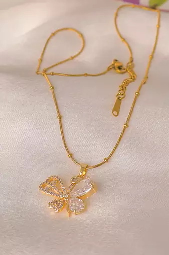Pave butterfly crystal drop necklace for women | anti-tarnish gold plated satellite snake chain