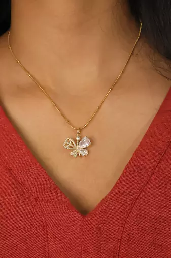 Pave butterfly crystal drop necklace for women | anti-tarnish gold plated satellite snake chain