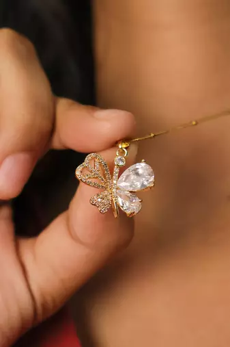 Pave butterfly crystal drop necklace for women | anti-tarnish gold plated satellite snake chain