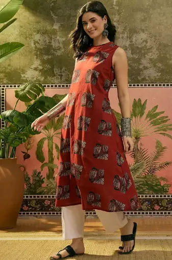 Block printed mandarin collar neck straight kurta