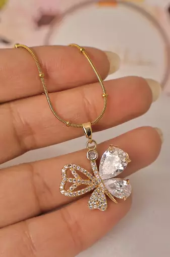 Pave butterfly crystal drop necklace for women | anti-tarnish gold plated satellite snake chain