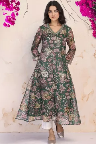 Women floral printed thread work kurta