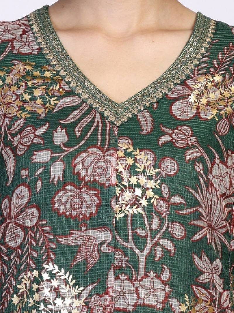 Women floral printed thread work kurta