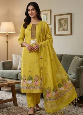 Yellow muga cotton jamdani salwar suit dress material 1