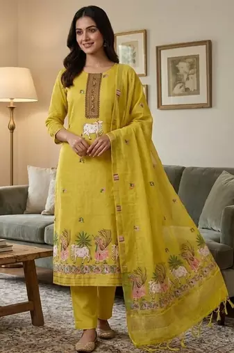 Yellow muga cotton jamdani salwar suit dress material