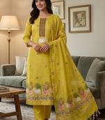 Yellow muga cotton jamdani salwar suit dress material