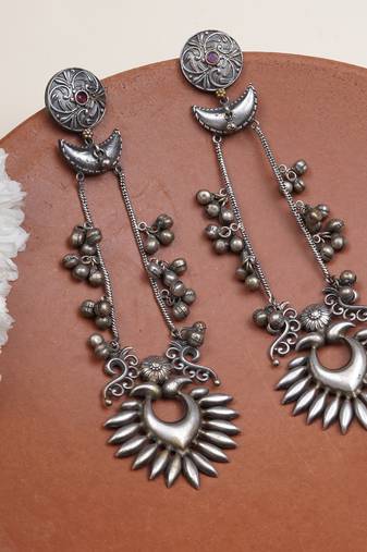 Sun and crescent long earrings