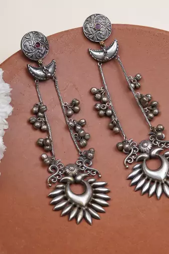 Sun and crescent long earrings
