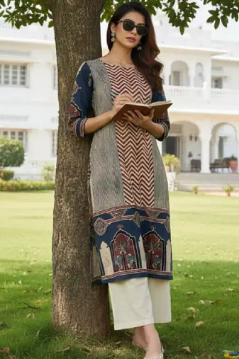 Women geometric printed block print kurta