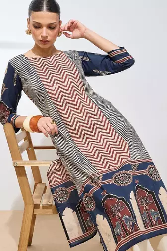 Women geometric printed block print kurta
