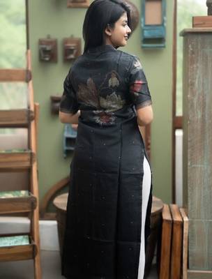Women floral printed thread work chanderi silk kurta 2
