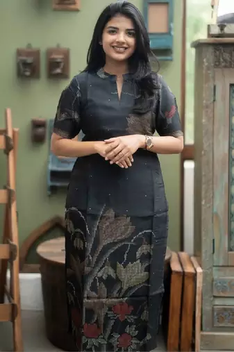 Women floral printed thread work chanderi silk kurta