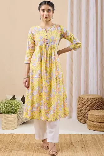 Women yellow pure cotton floral printed a-line kurta