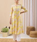 Women yellow pure cotton floral printed a-line kurta