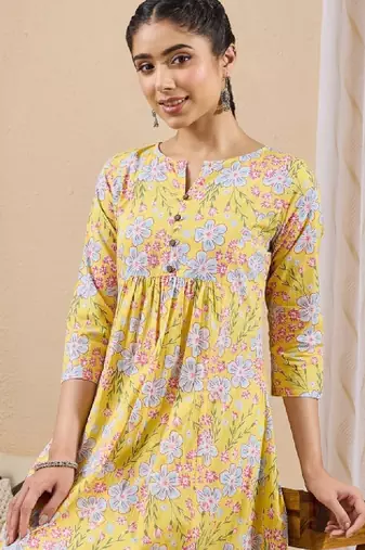 Women yellow pure cotton floral printed a-line kurta