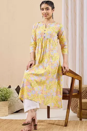 Women yellow pure cotton floral printed a-line kurta