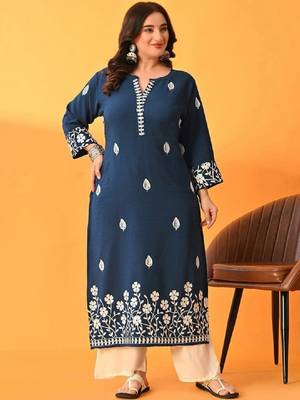 Aari work embroidered floral polyester straight calf length kurta 1