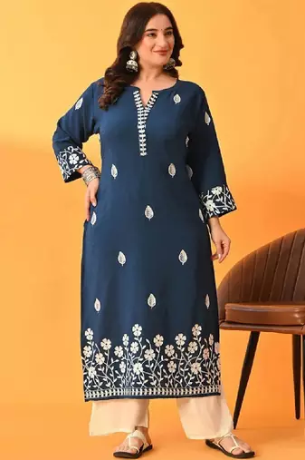 Aari work embroidered floral polyester straight calf length kurta