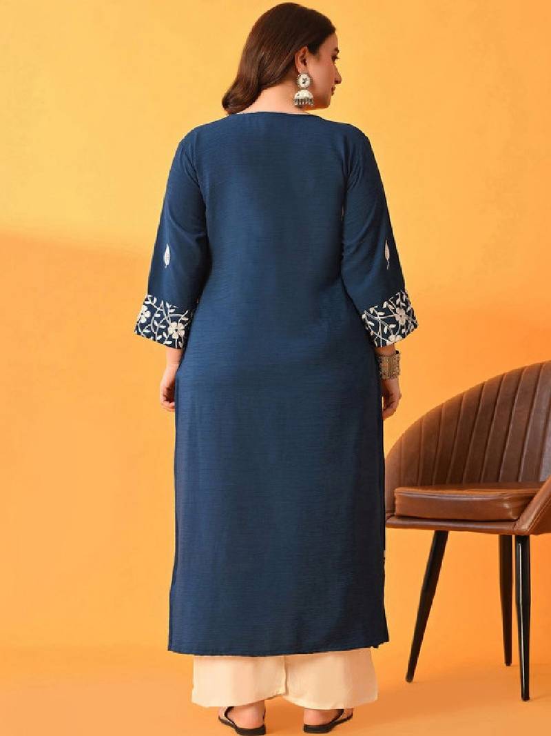 Aari work embroidered floral polyester straight calf length kurta