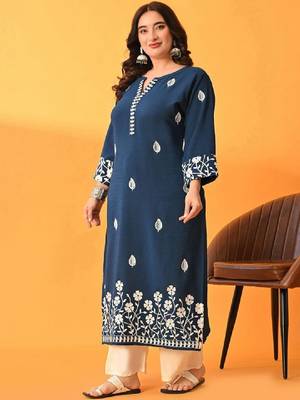 Aari work embroidered floral polyester straight calf length kurta 3