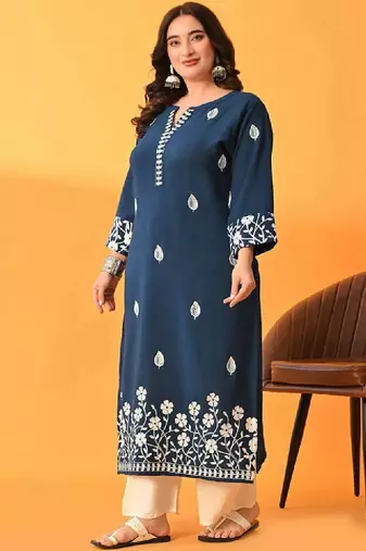 Aari work embroidered floral polyester straight calf length kurta
