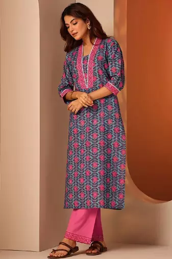 Women floral printed straight cotton kurta