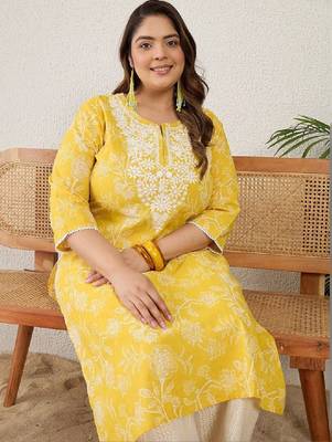 Plus size yellow embroidered straight kurtas 1