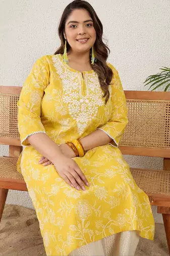 Plus size yellow embroidered straight kurtas