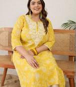 Plus size yellow embroidered straight kurtas