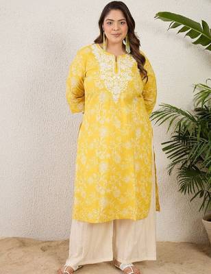 Plus size yellow embroidered straight kurtas 2