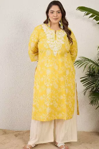 Plus size yellow embroidered straight kurtas