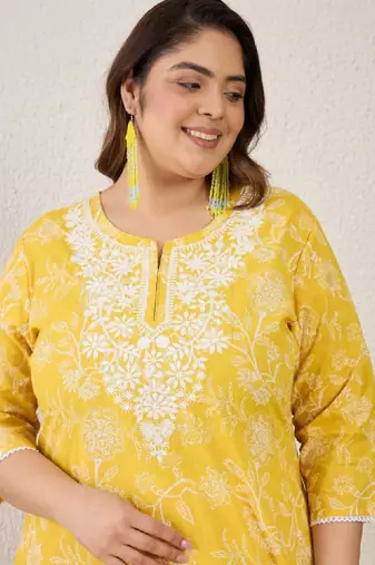 Plus size yellow embroidered straight kurtas