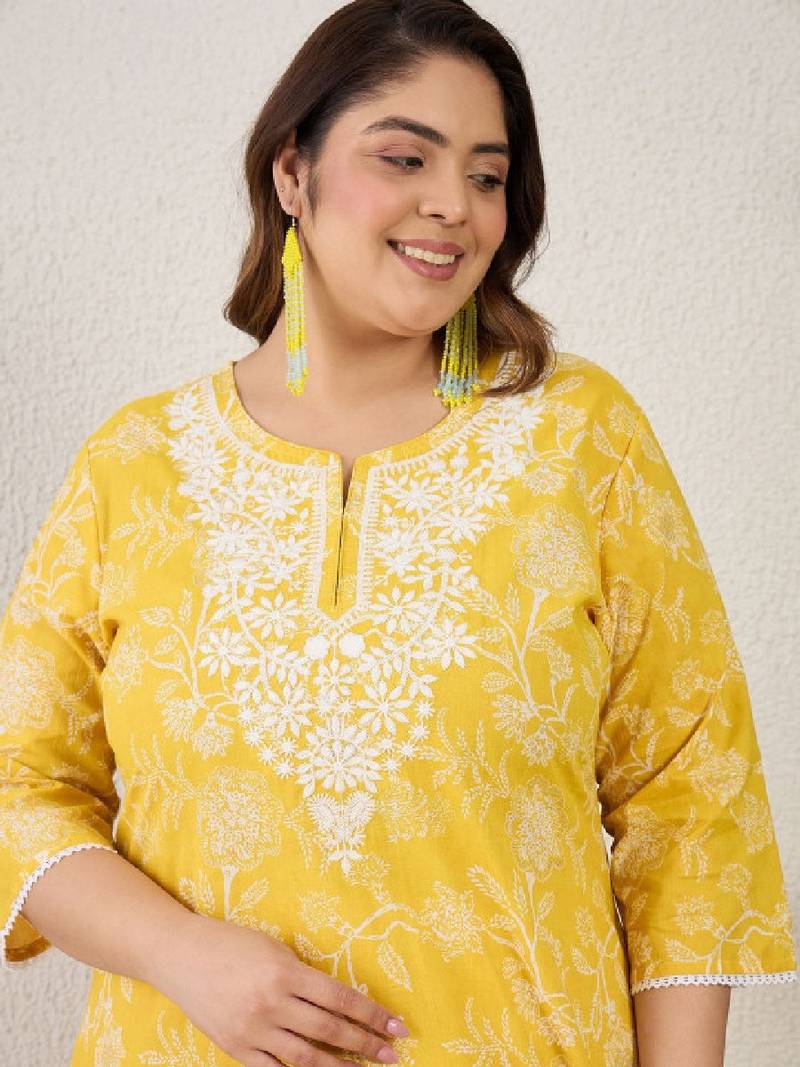 Plus size yellow embroidered straight kurtas