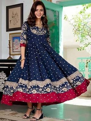 Women polka dot printed thread work indie prints anarkali kurta 1