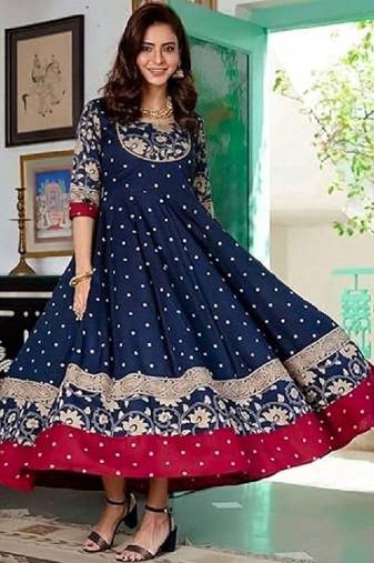 Women polka dot printed thread work indie prints anarkali kurta