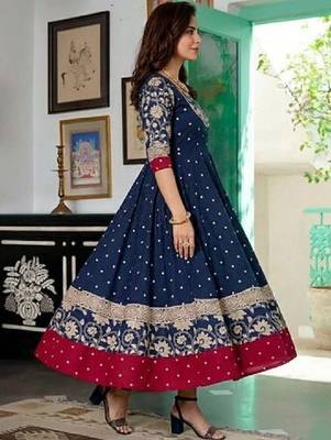 Women polka dot printed thread work indie prints anarkali kurta 2