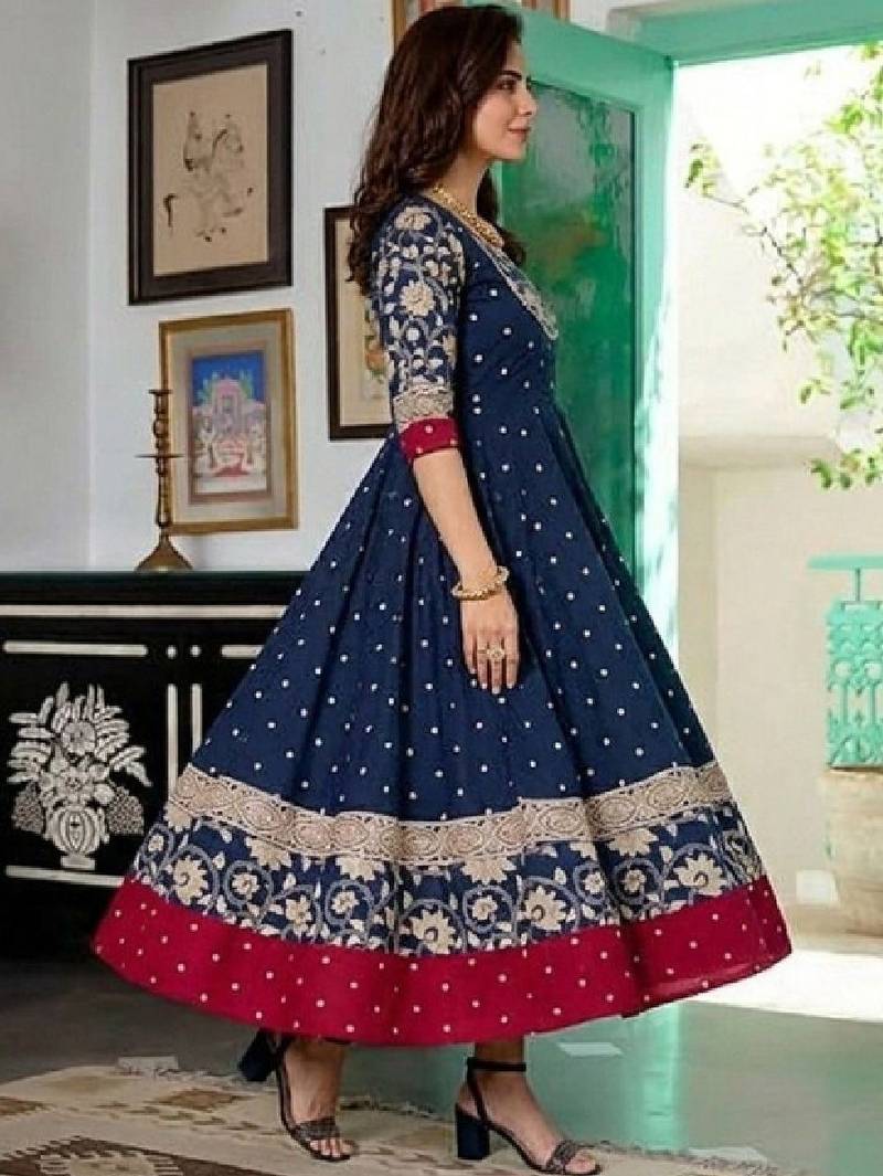 Women polka dot printed thread work indie prints anarkali kurta