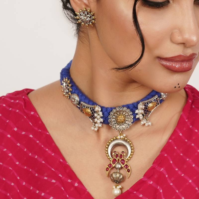 Braided collar necklace with matching earring