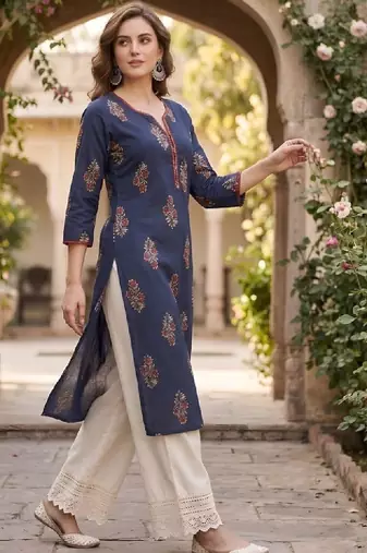 Women floral printed thread work floral kurta