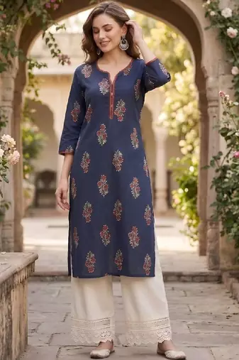 Women floral printed thread work floral kurta