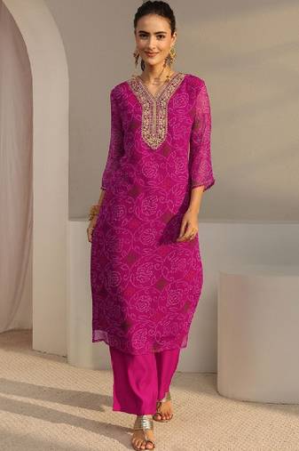 Pink bandhani printed chiffon straight kurta