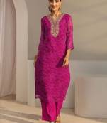 Pink bandhani printed chiffon straight kurta