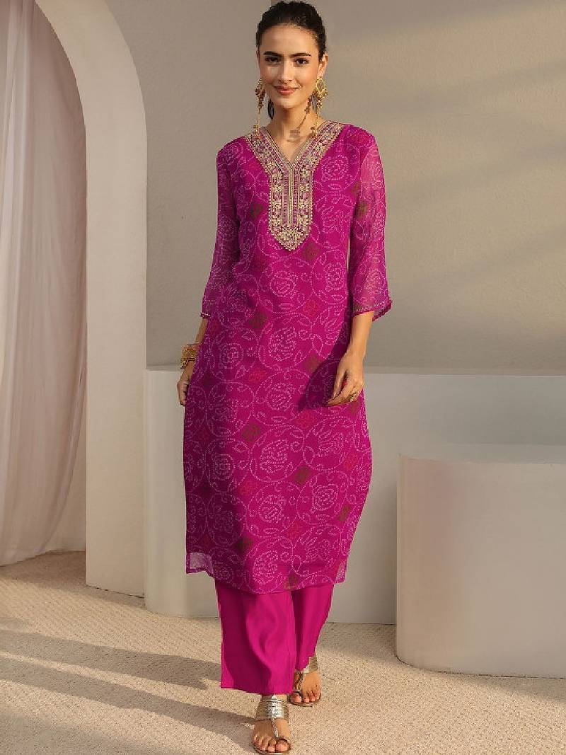 Pink bandhani printed chiffon straight kurta